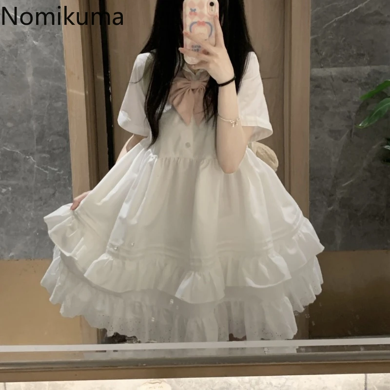 Summer Woman Dress Preppy Style 2024 Vestidos De Mujer Bow Short Sleeve White Robe Femme Big Swing Beading Loose Sweet Dresses