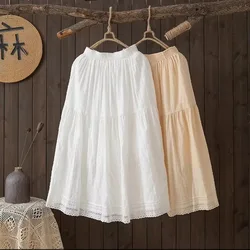 100% Cotton lace hollow out patchwork midi skirt for women autumn summer elastic waist solid long skirts mori kei clothing