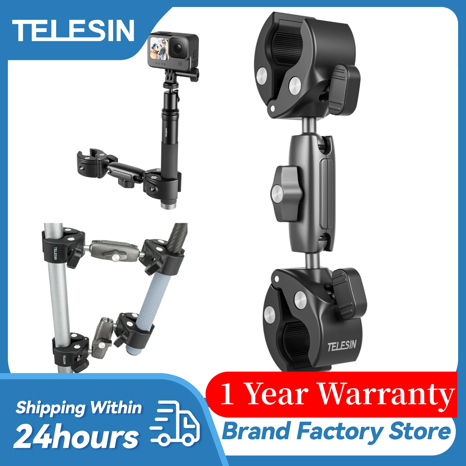 TELESIN Motorcycle Bicycle Camera Holder Invisible Selfie Stick Handlebar Mount for Insta360 RS X2 X3 GoPro 12 11 10  Accessory