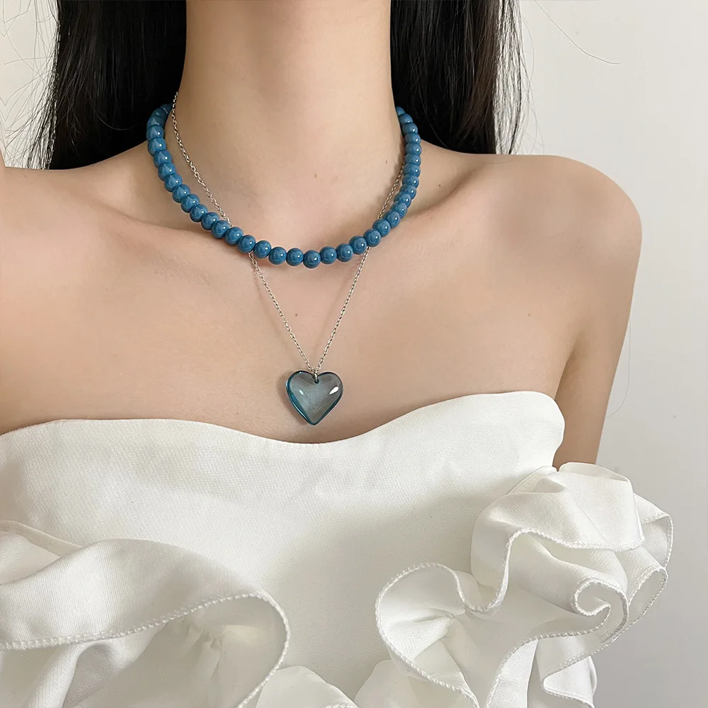 2024 New Blue Crystal Heart-shaped Bead Necklace for Women Long Layered Sweater Chain