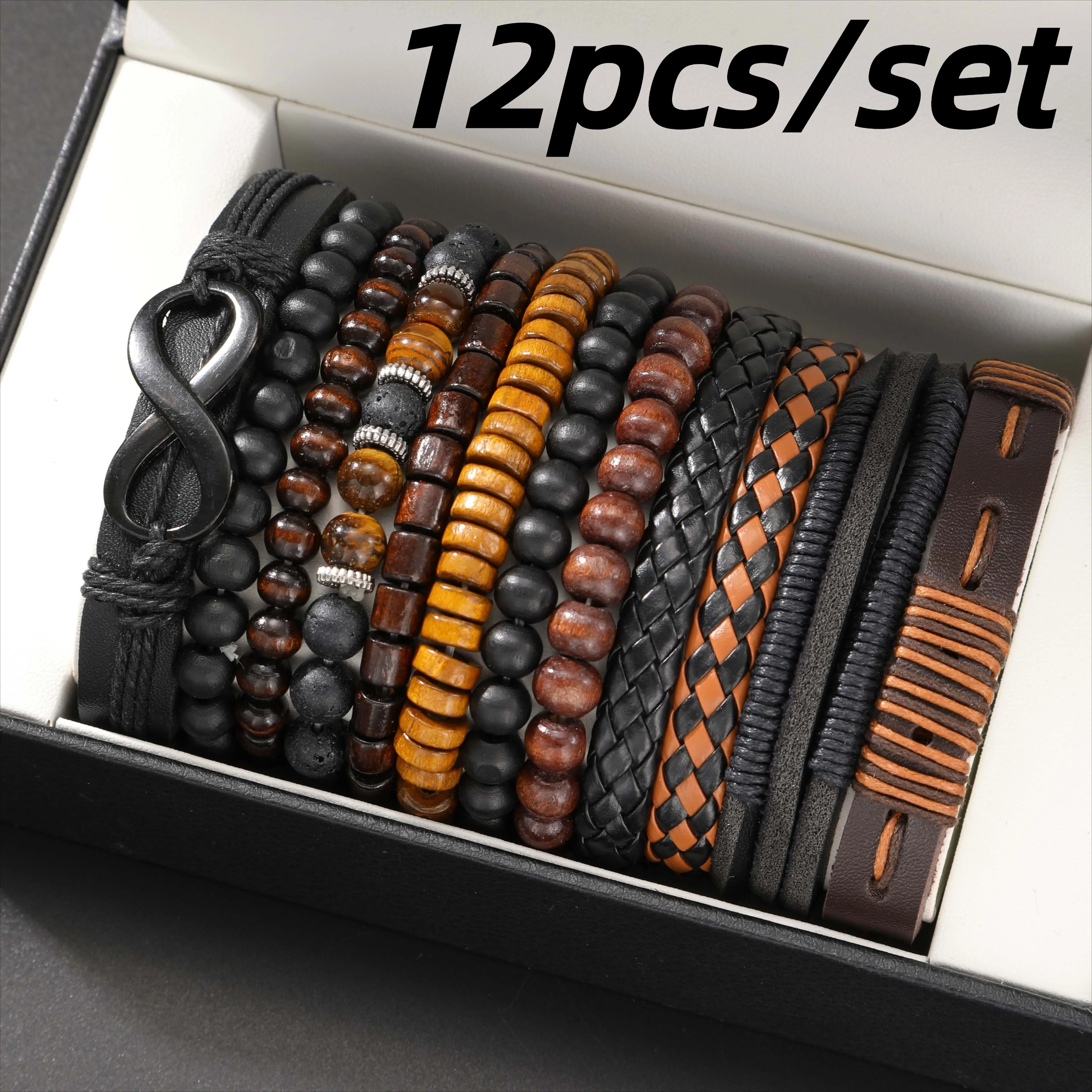 

12-piece Vintage Men's Bracelet Set - Woven Leather, Tiger's Eye And Moonstone Beads, Synthetic Rope, Stylish Jewelry