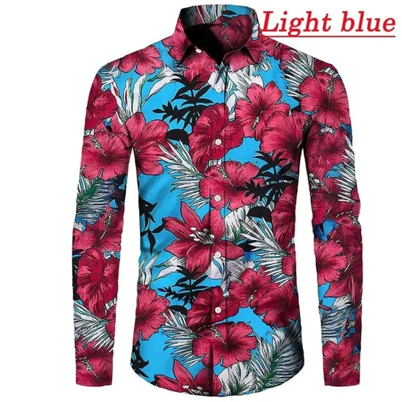 Camisa havaiana solta de manga comprida masculina, flor, folha padrão, planta colorida, camisas Aloha impressas em 3D, tops de lapela, blusas casuais