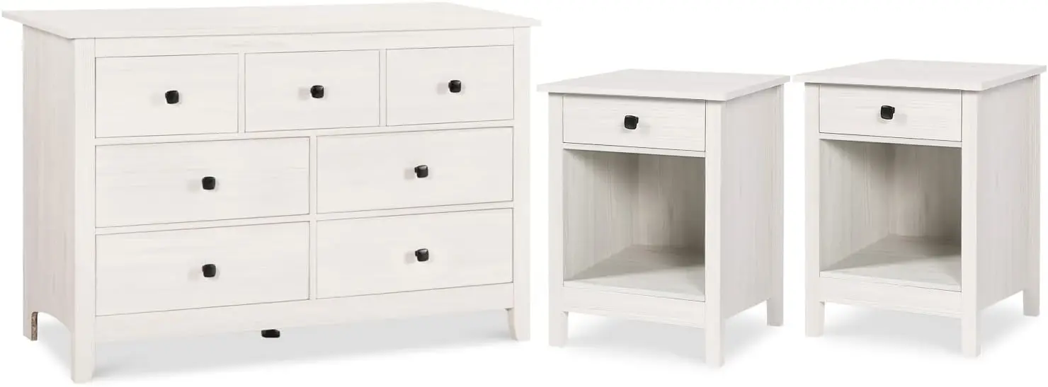 Dresser and Nightstand Set - 3 Pieces Bedroom Set with 7 Drawer Dresser and 1 Drawer Nightstands, Wood Double Dresser, White Woo