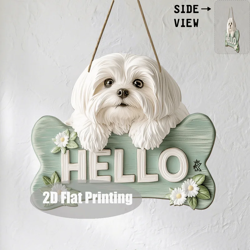2D Flat Printing Dog Bone Shape Wooden Hanging Sign, Cute Maltese Dog Hello Daisy Wood Plaque for Front Door Wall Pet Lover Home