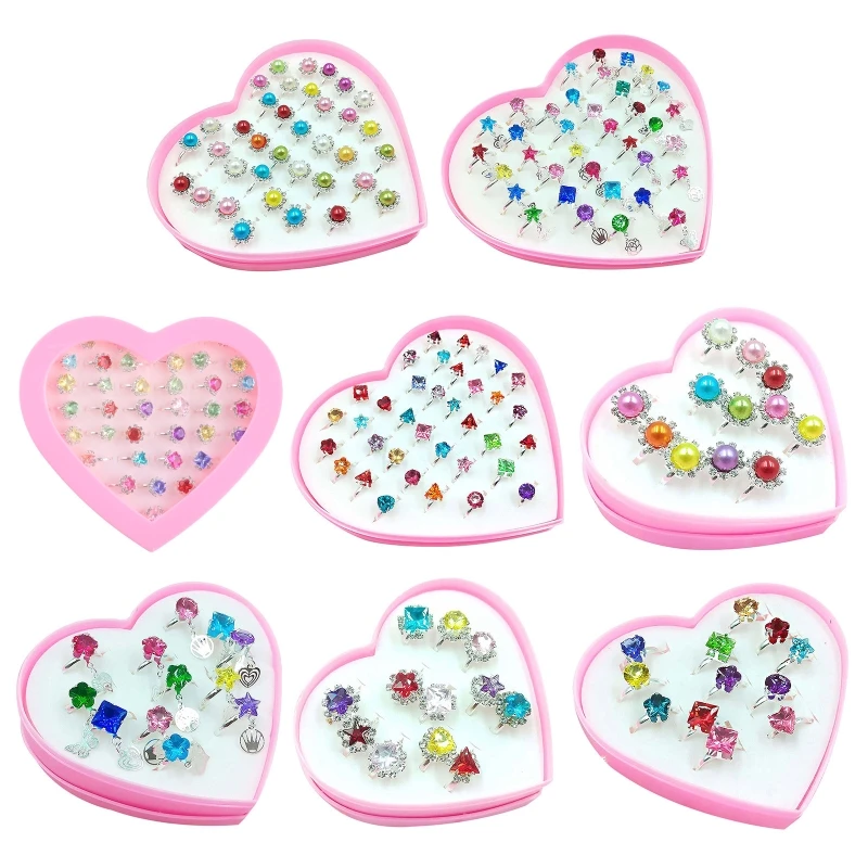 12/36 Pcs/Box Alloy Baby Girl Rings Cartoon Kid Rings with Heart Shaped Showcase