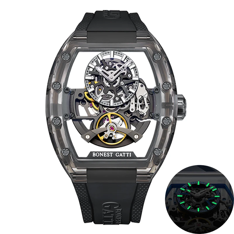 BONEST GATTI ساعة أوتوماتيكية للرجال 45 مللي متر Tonneau ساعة اليد الميكانيكية علبة أكريليك الياقوت مضيئة الهيكل العظمي الهاتفي فلوروروبر