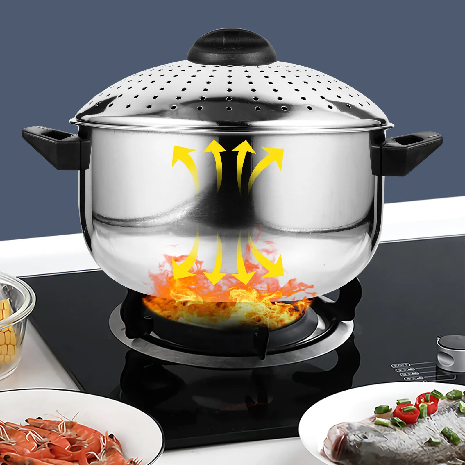 Stainless Steel Noodle Cooking Pot Lightweight Portable Non-Stick Soup Pot with Buckle Lid Rapid Drain Pasta Cooker