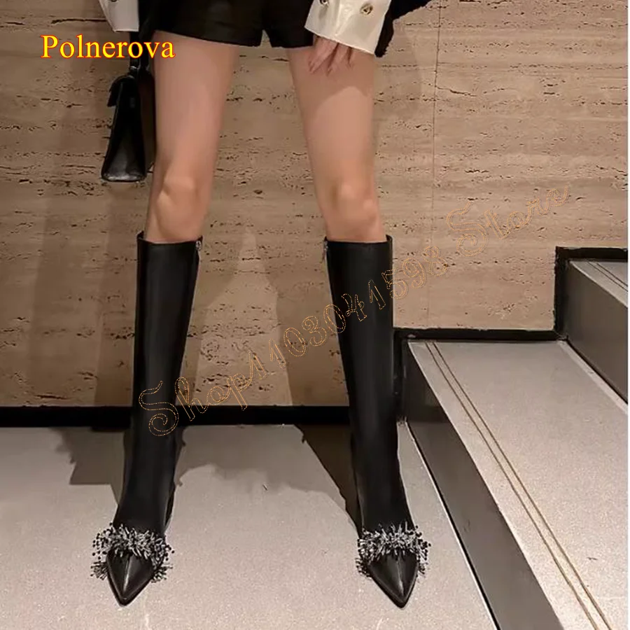 Crystal Fringed High Heel Boots,Pointed Toe Leather Knee High Boots Thick Heel Zipper Women Boots 2024 New Zapatos Para Mujere