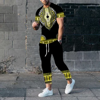 الأفريقية Dashiki تي شيرت Sweatpants مجموعات العرقية نمط ثلاثية الأبعاد طباعة الرجال المتضخم قصيرة الأكمام تي شيرت بنطلون مجموعة الدعاوى الملابس