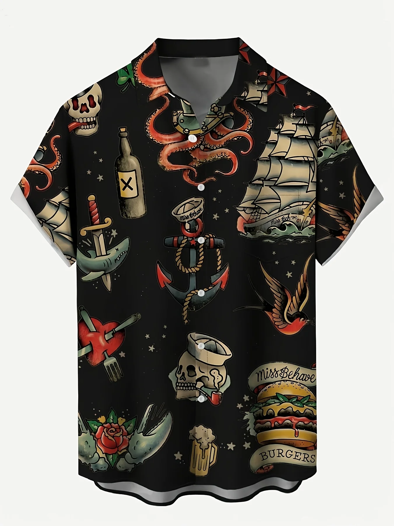 Men Vintage Sailor Tattoo‑style Skull Anchor Ship Print Short Sleeve Shirt Lapel Button‑up Vacation Casual Top
