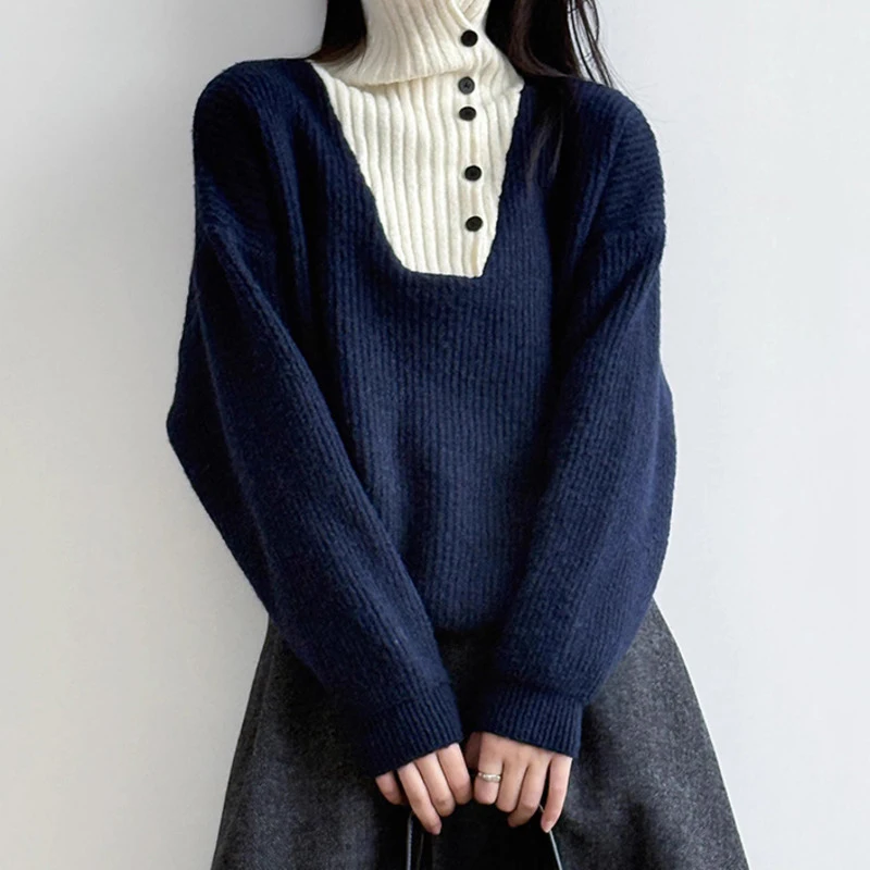 HKSH 2025 خريف شتاء جديد المرأة سترة الوقوف طوق زرر التباين اللون موضة أنيقة Ins عادية محبوك القمم HK15695 #2