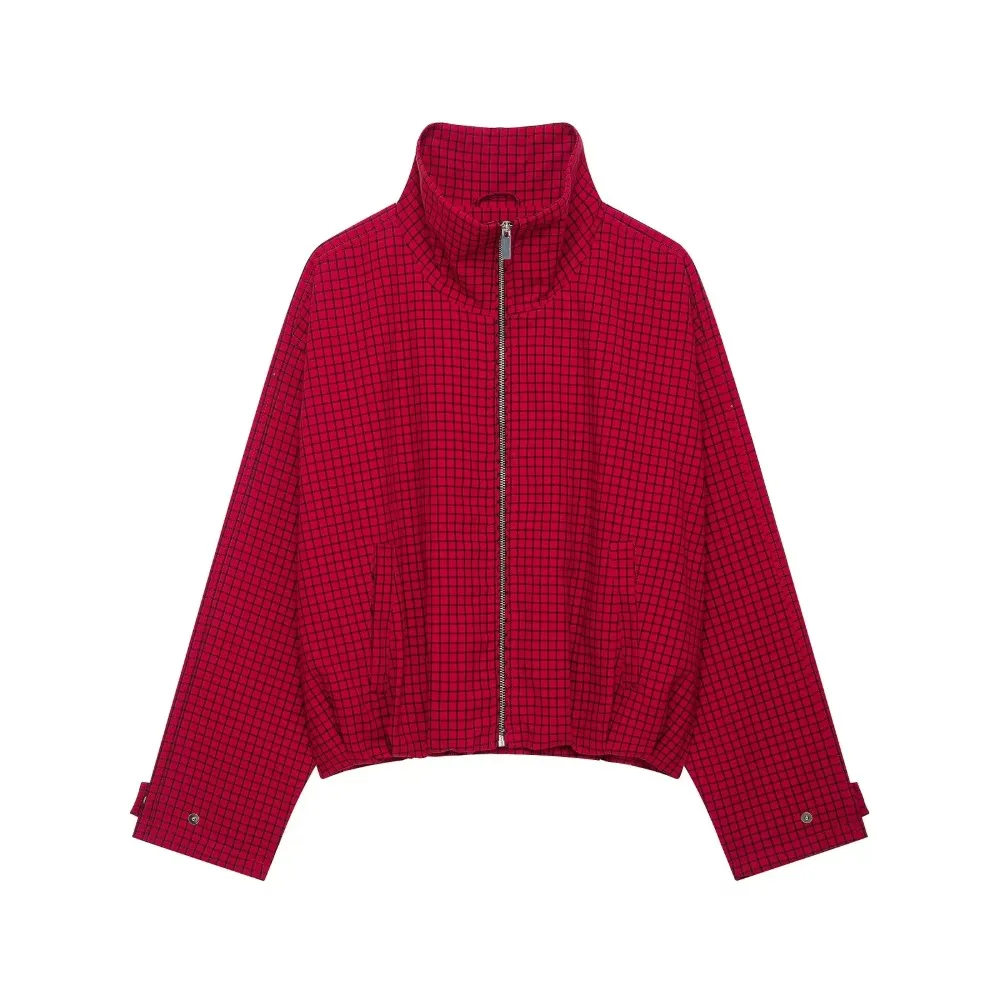 Damen High Street Casual Chic Rote Herbst-Winter-Jacke, Outfit mit Karomuster, Stehkragen, Reißverschluss, Lockerer Bomberjackenmantel für Frauen – Detail 2