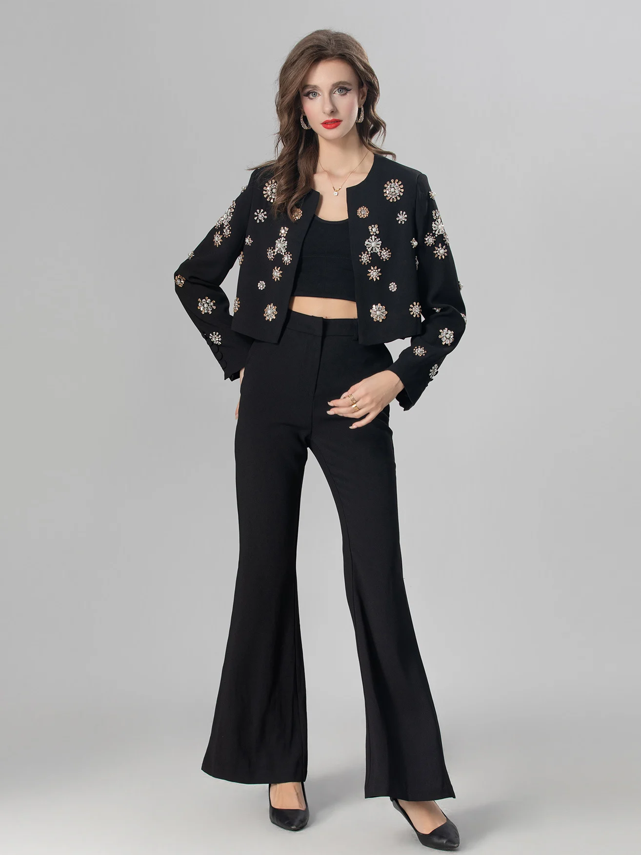 

SEQINYY Elegant Black Suit Spring Autumn New Fashion Design Women Runway Vintage Beading Flower Jacket + Flare Long Pants Split