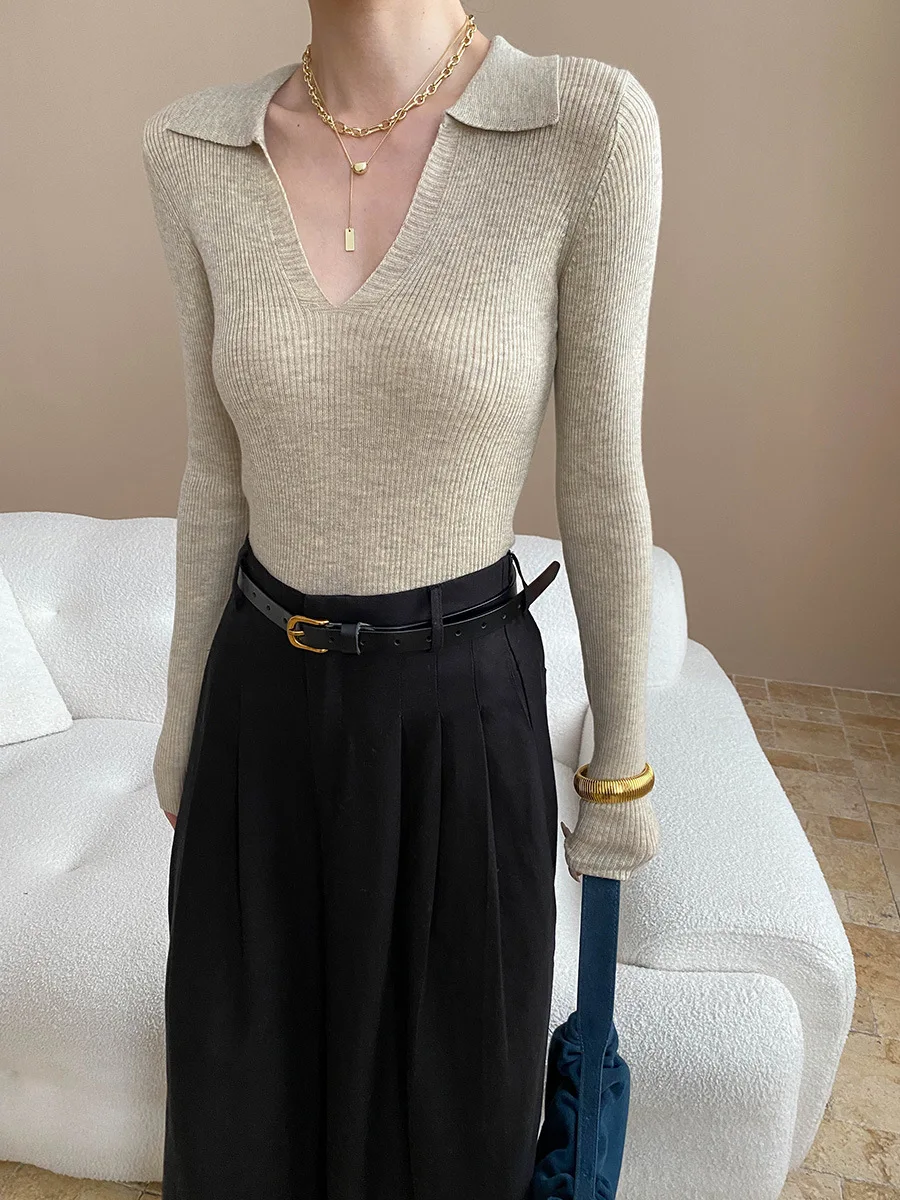 

Autumn and winter women's casual solid color lapel long sleeved slim fit sweater