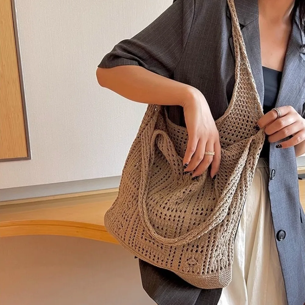 

Portable Hollow Out Shoulder Bags Large Capacity Knitted Women's Handbag Solid Color Knitted Bags Summer