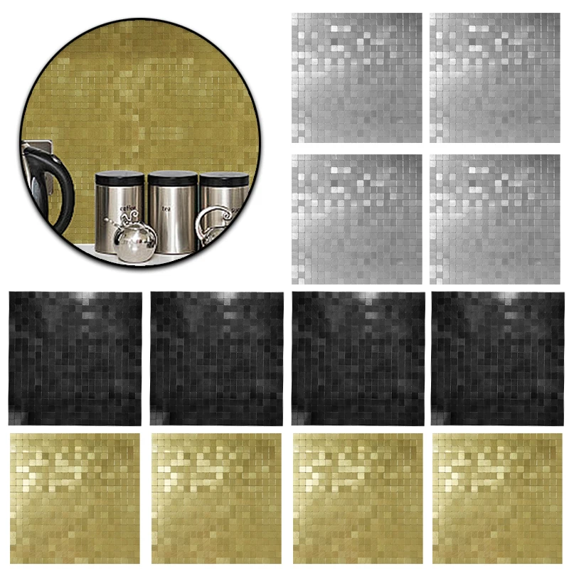 5/10PCS Metal Aluminum Background Panels Wallpaper Self-adhesive Mosaic Wall Tile Sticker Waterproof For Kitchen Bathroom Decors