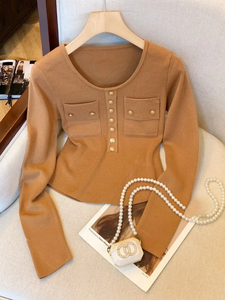 

Korean Sle Women's ort Knitted Sweater round Ne Base Layer irt Trendy Commute Slim Fit Long Sve Color