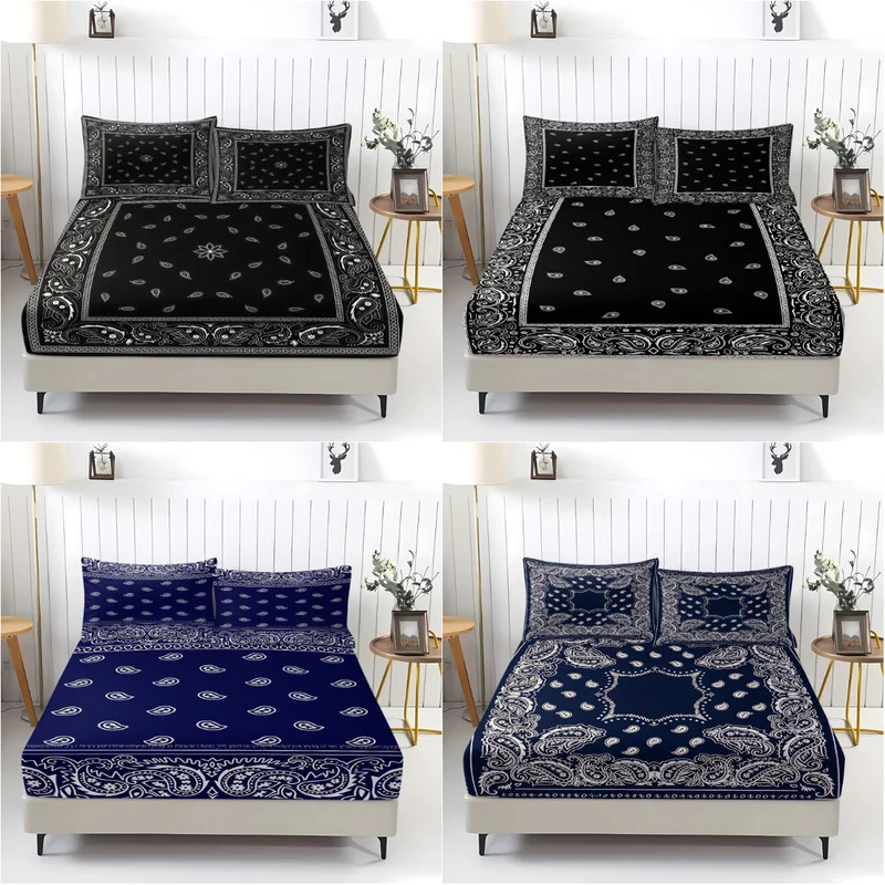 Black Bandana Paisley Fitted Sheet Set 1 Fitted Sheet 2 Pillowcases Soft Microfiber Bedding Set for Bedroom All Season