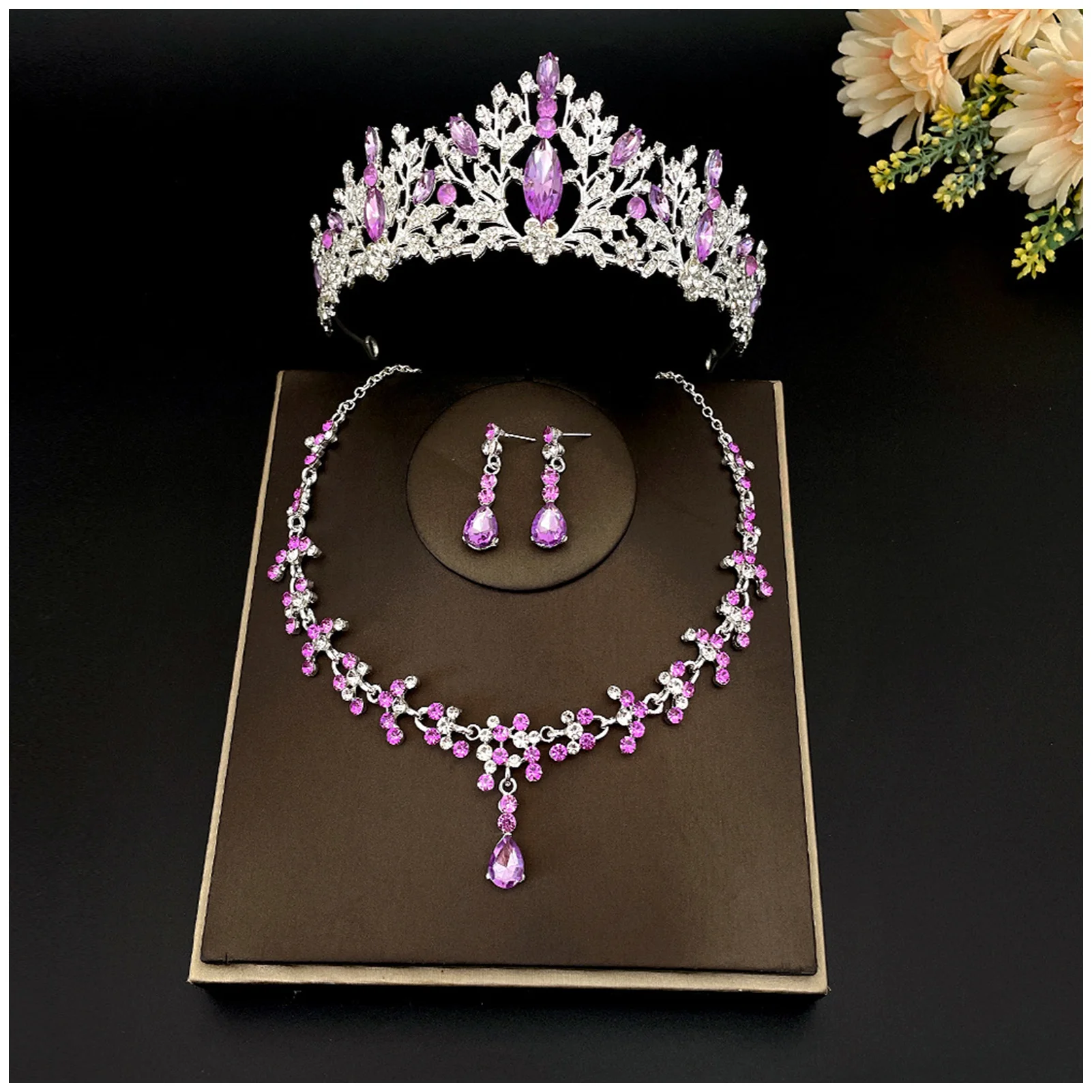 Sparkly Rhinestone Jewelries 3 Pieces Glitter Necklace Drop Earrings Princess Crown for Bridesmaid Wedding Party Prop