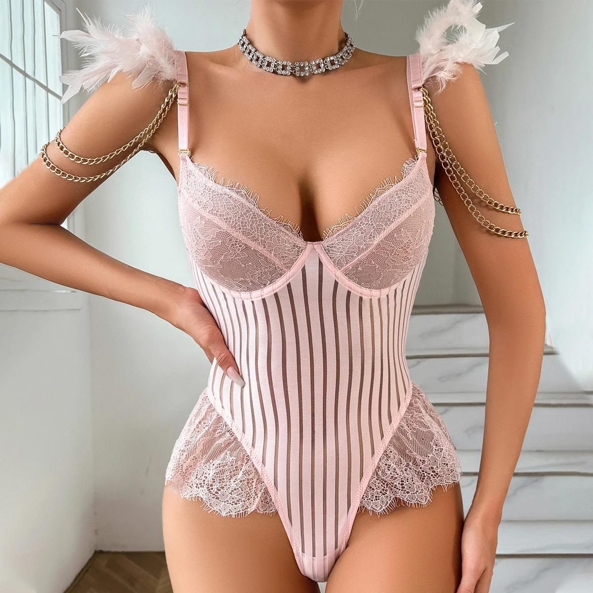 MUZISKAT Fashion New Sexy Lace Splicing Vertical Mesh U-Shaped Backless Feather Body Shaping Erotic Jumpsuit Onlyfans