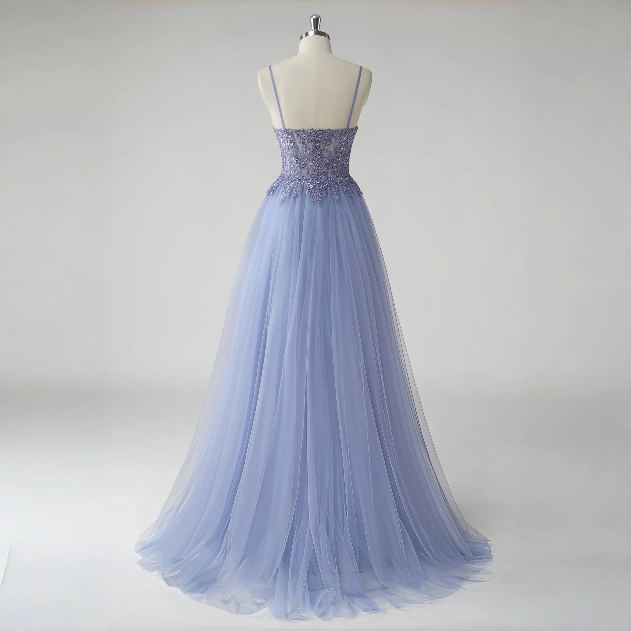 Prom Tulle Maxi Dress Beaded Sweetheart Neck Thin Strap A-Line Formal Cocktail Party Bridesmaid Wedding Guest Evening Gown