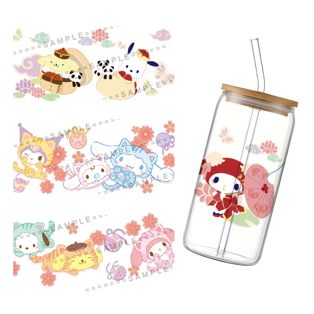 

Sticker UV DTF Transfer Sanrio Cute Characters For 16oz Wrap GLASS Cups High Temperature Resistance DIY Waterproof Custom Decals