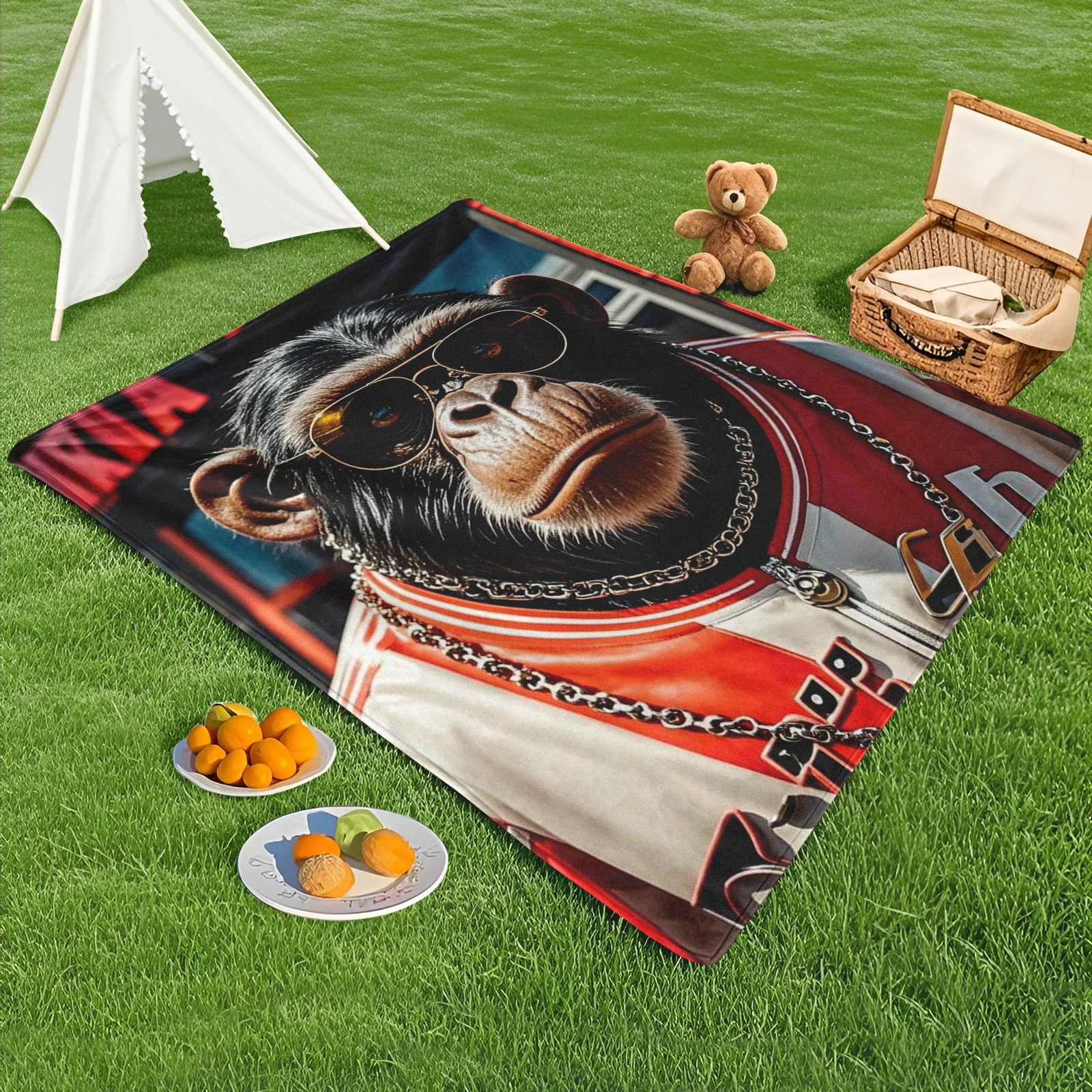 Gorilla Anime Style With Glasses Clothes And Necklace Design Outdoor Blanket For Fans Of Unique And Stylish Camping Accessories