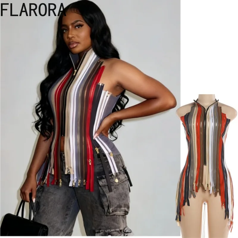 

FLARORA Trend Y2k Chain Patchwork Tank Tops Woman Halter Multiple Zip Design Bandage Backless Irregular New Fashion Street Vests