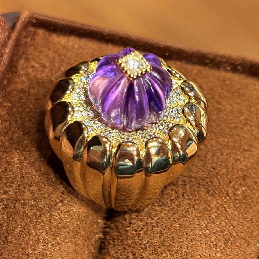 KQDANCE Real 925 Sterling Silver Vintage Natural Amethyst Fruit Pumpkin Shaped Gemstone Ring For Women
