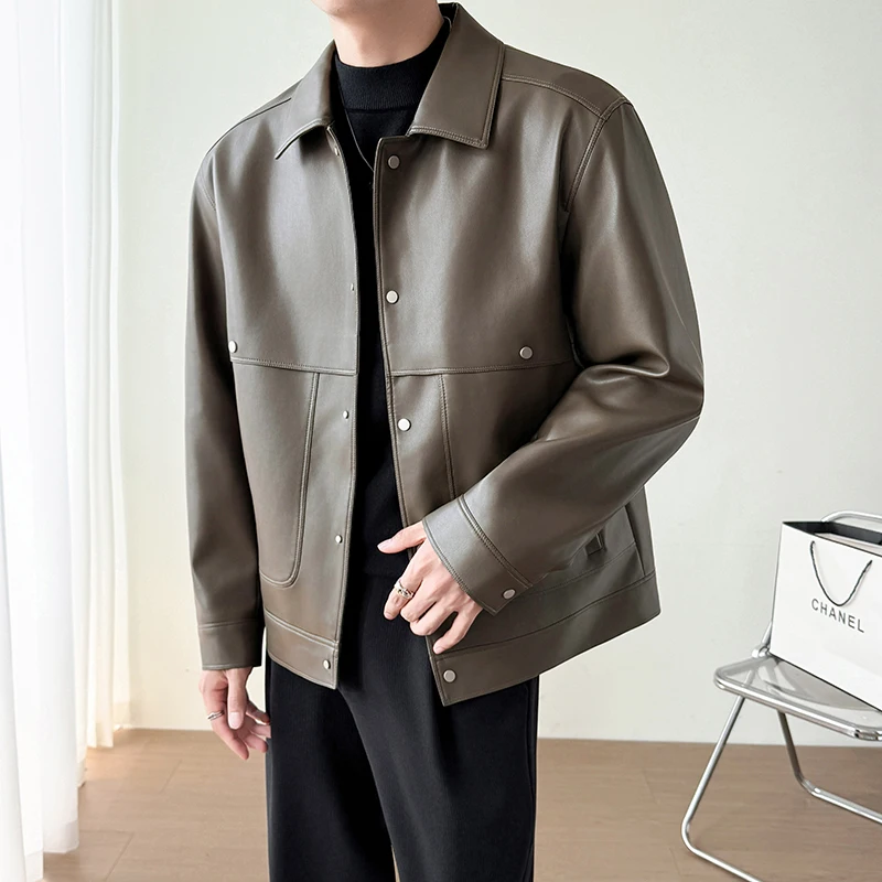 

Autumn Korean Comfort PU Jacket for Men Loose Casual Social Handsome Leather Jackets Solid Color Lapel Business Streetwear Coats