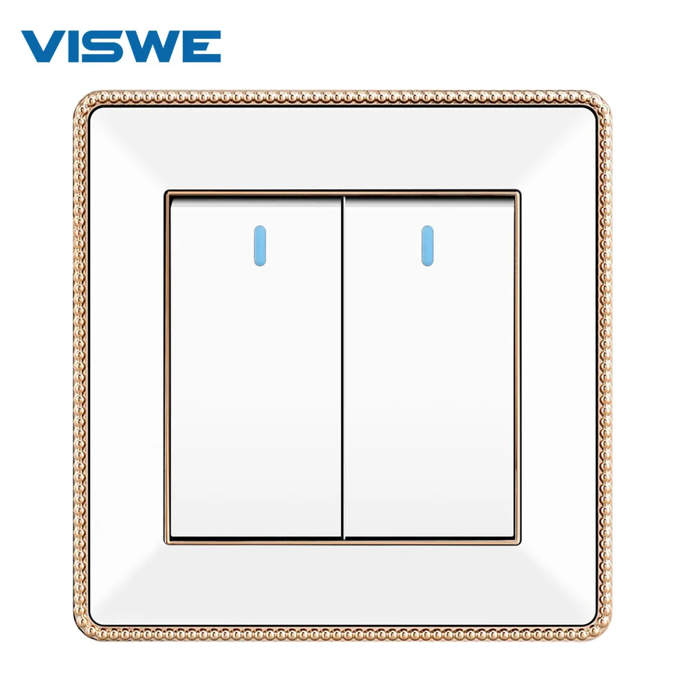 VISWE Button Switch 2gang 2way Wall Switch, 86*90mm Acrylic Panel with gold border, Mechanical Light Switch with indicator