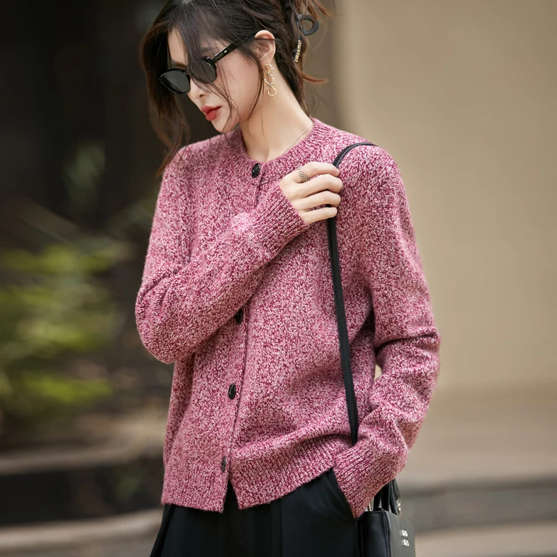 Массивный женский кардиган из 100% чистой шерсти |   Толстый зимний трикотаж с эффектом меланж и круглым вырезом