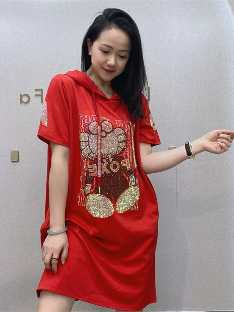 Short-Sleeved Cartoon Rhinestone Dress for Women 2023 Summer New Heavy Embroidery Hot Drilling Hooded Mid-Length Casual Skirt