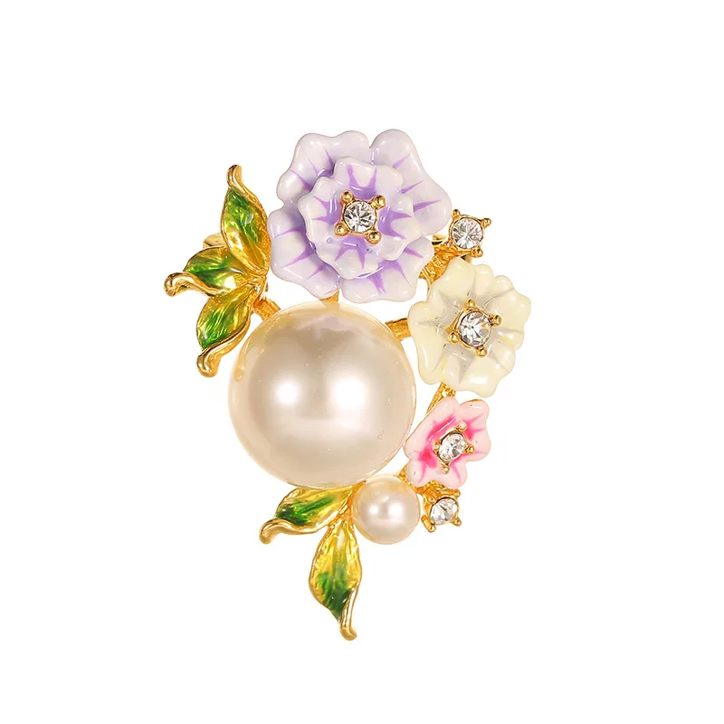 

2024 New Original Fashion Design Sweet Temperament Enamel Glaze Set Gemstone Three Color Gradient Flower Pearl Brooch for Women