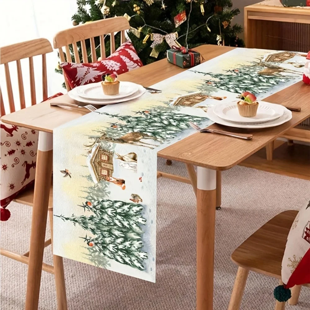 1pc Rustic Watercolor Deer Christmas Table Runner, Winter Holiday Table Ornament, Durable Woven Polyester Cover