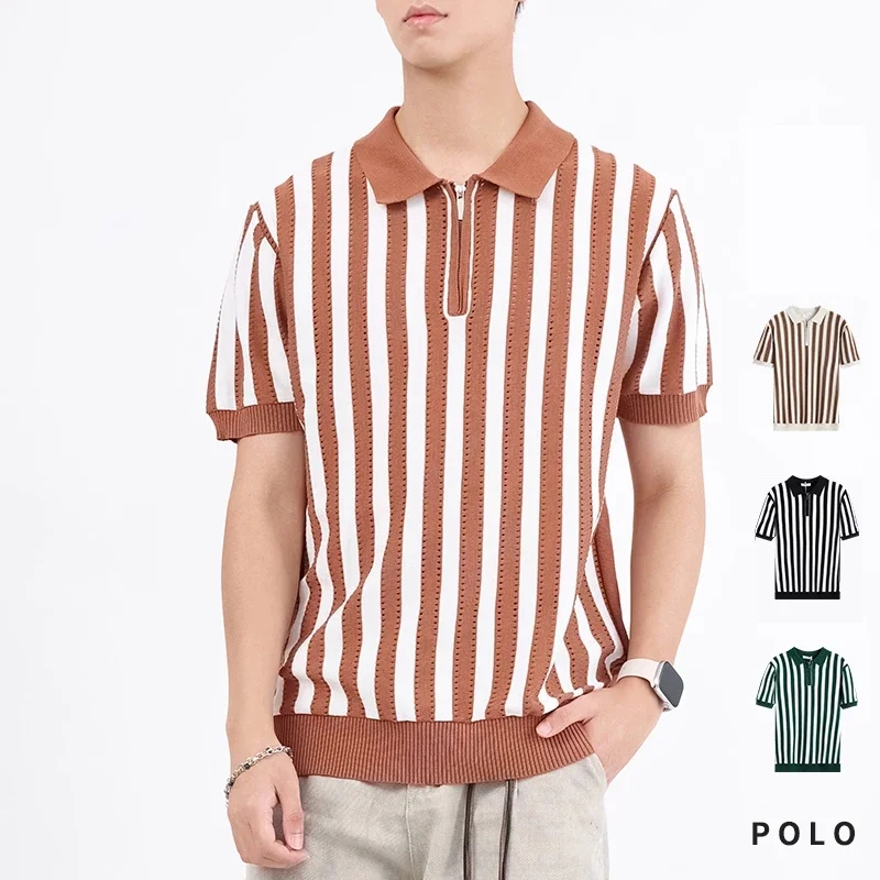 

Summer Men Sweater 2025 New Fashion Business Striped Sweater Polo Shirt Men Slim Fit Ice Silk Short Sleeve T Shirt