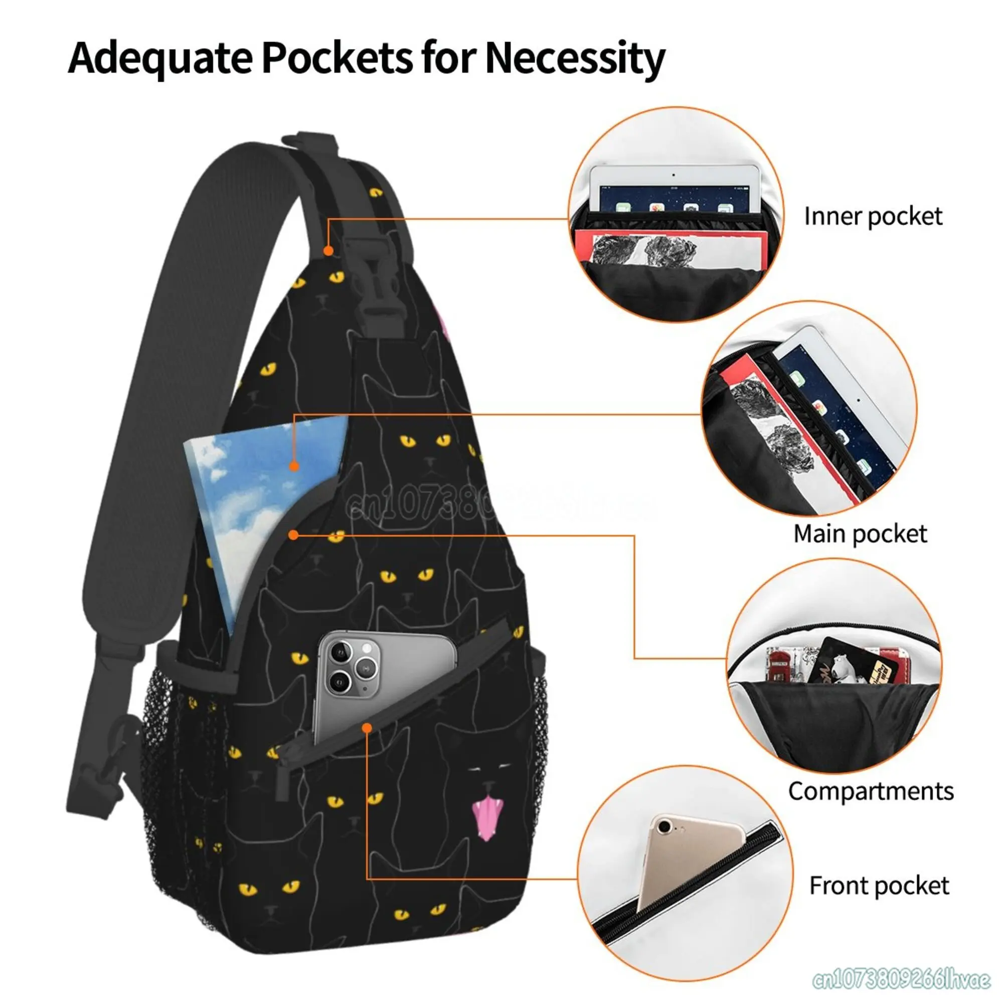 funny Black Cats Pattern Chest Bag for Women Unisex Casual Crossbody Bags Waterproof Daypack for Travel Beach Camping Hiking