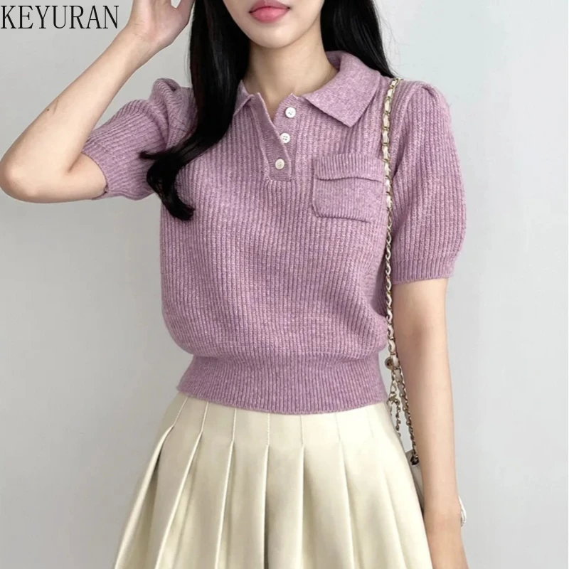 Korean Chic Short Sleeve Pullover Sweater Women Clothes 2024 New Summer Elegant Turn Down Collar Casual Knit Tops Female Jumper