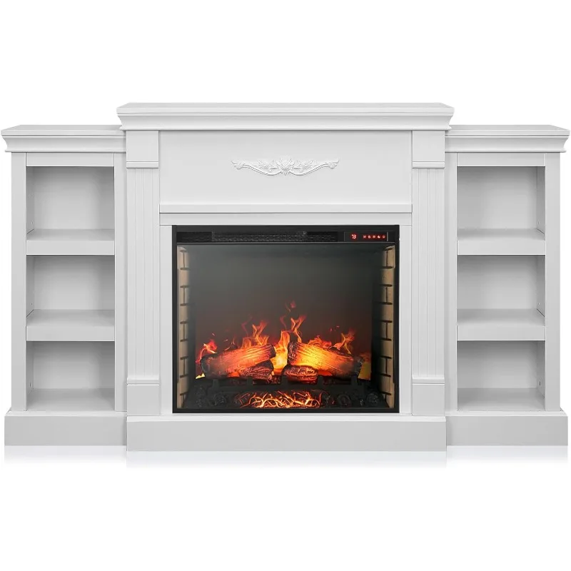 BELLEZE Modern 70 "เตาผิงไฟฟ้าเครื่องทําความร้อน Mantel ขาตั้งทีวี & Media Entertainment Center สําหรับทีวีสูงสุด 68" ประหยัดพลังงาน