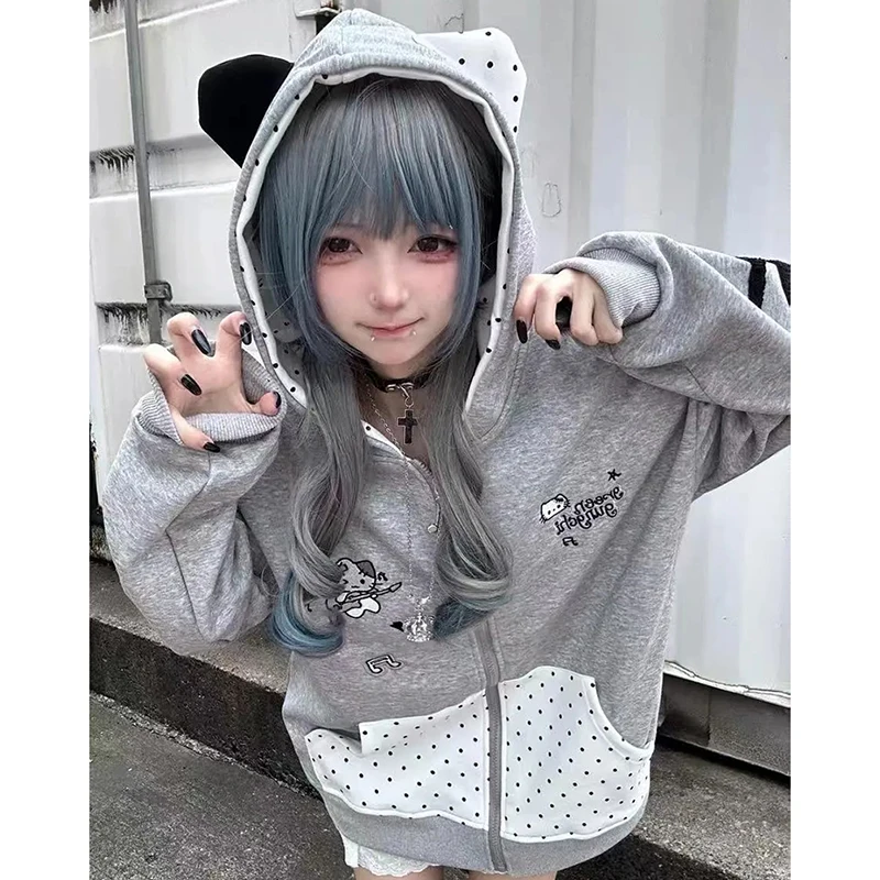 

Women Cute Cat Ear Hoodie Sweatshirt Subculture Long Sleeve Zip Jacket Halloween Patchwork Harajuku Y2K Japan Sweet Outwear