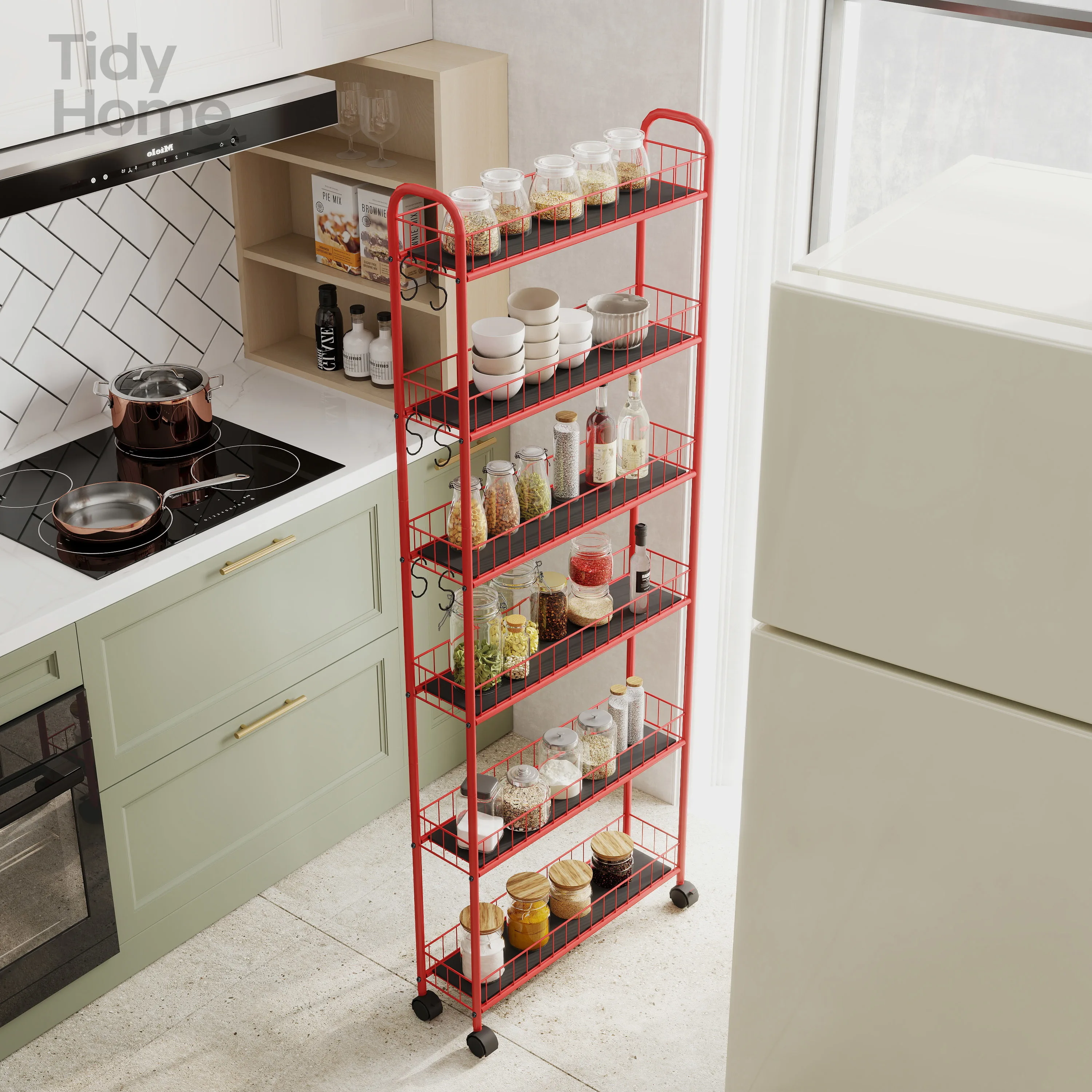 

Red 6-Tier Rolling Cart Gap Kitchen Slim Slide Out Storage Tower Rack with Wheels,Kitchen, Laundry Narrow Piaces Utility cart