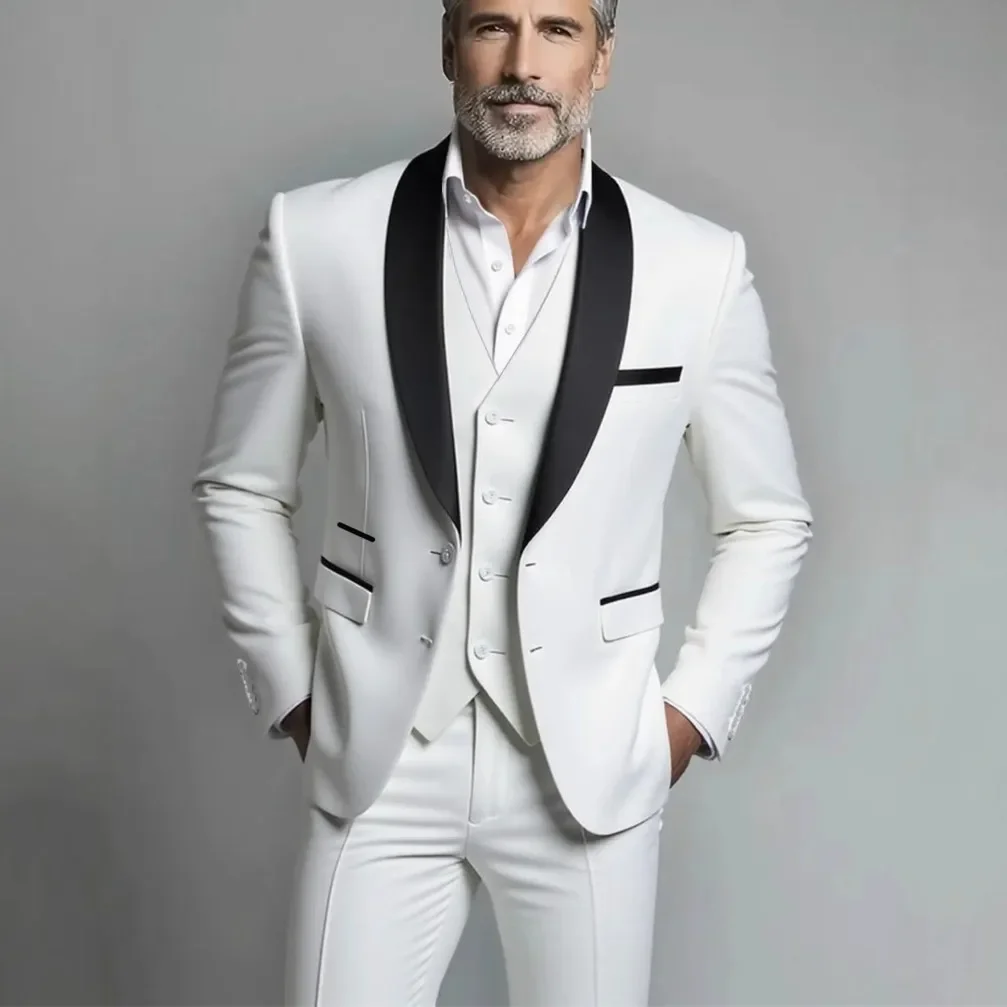 

Black White Men Autumn Wedding Party Three Pieces Set Large Size Male Blazer Coat Pants and Vest Fashion Slim Fit Suit