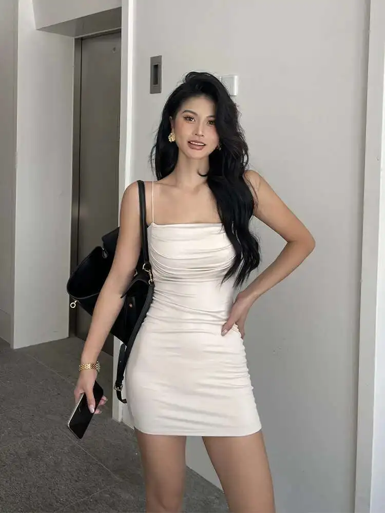 Plissado picante menina camisola vestido feminino verão novo estilo sexy cintura alta magro estilo curto vestido elegante moda sexy doce ol5