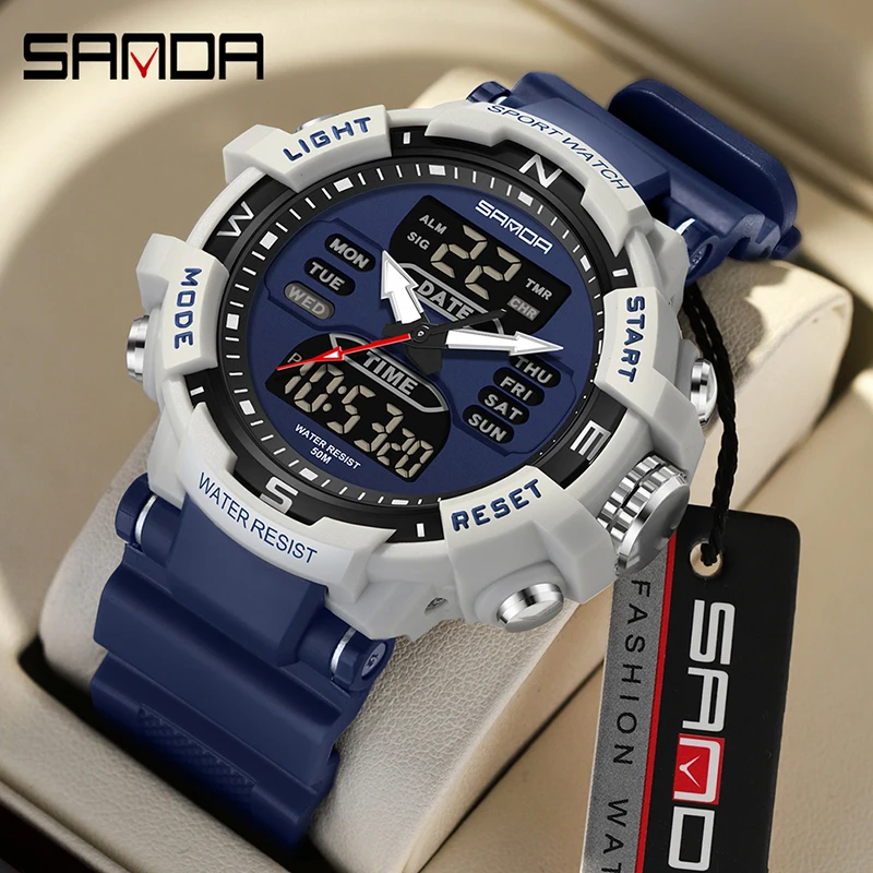 

SANDA Hot selling new product alarm clock multifunctional trend waterproof transparent men's dual display electronic watch reloj