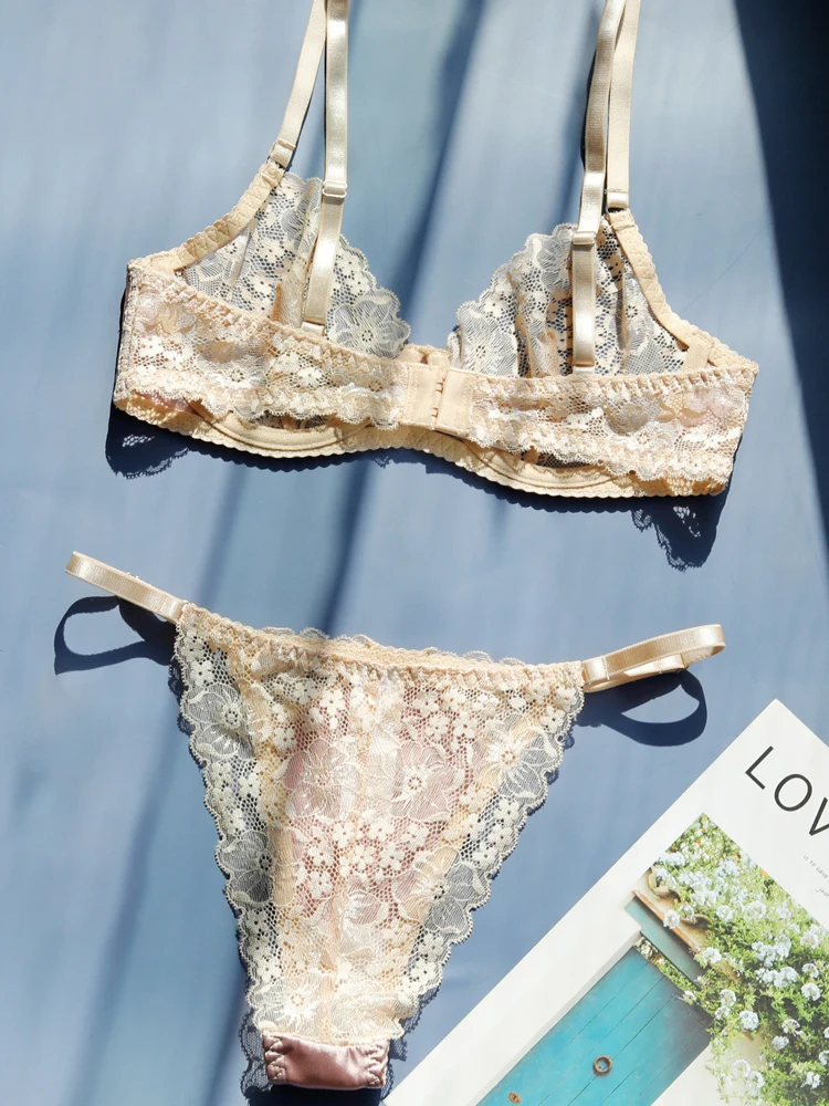 Women Fashion Lace Patchwork Lingerie Large Breast Bra Low Waist Thong Underwear Set Sexy Lace Contrast Color Lingerie For Women