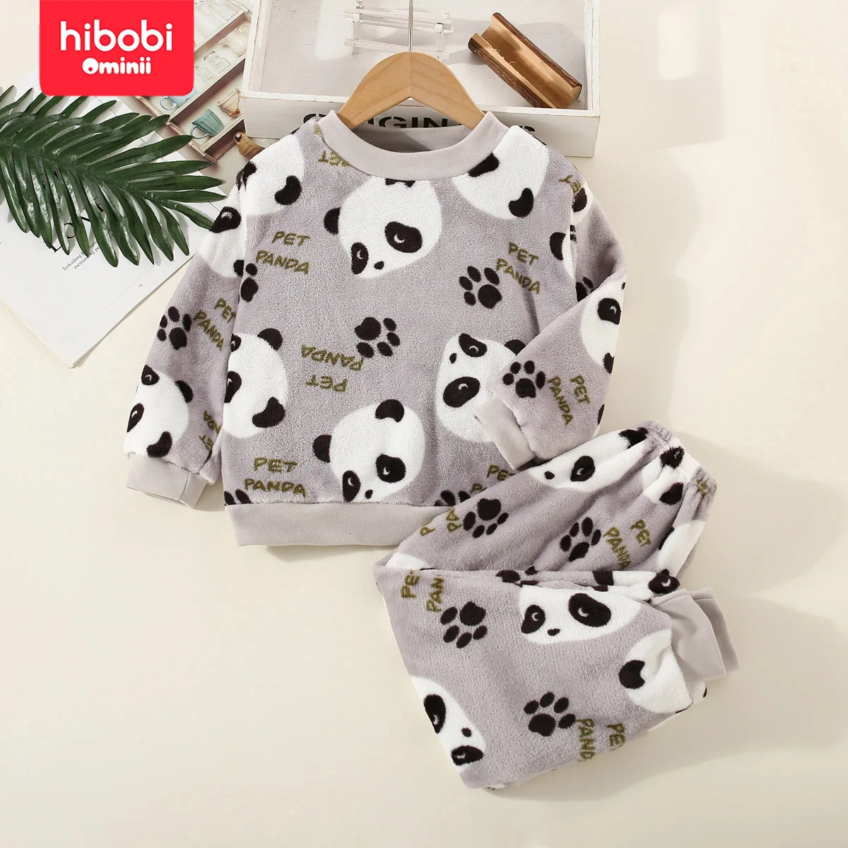 hibobi 2-Piece Winter Toddler Flannel Allover Panda Dinosaur Pattern Loungewear Set Long Sleeve Top & Matching Pants Pajama Set