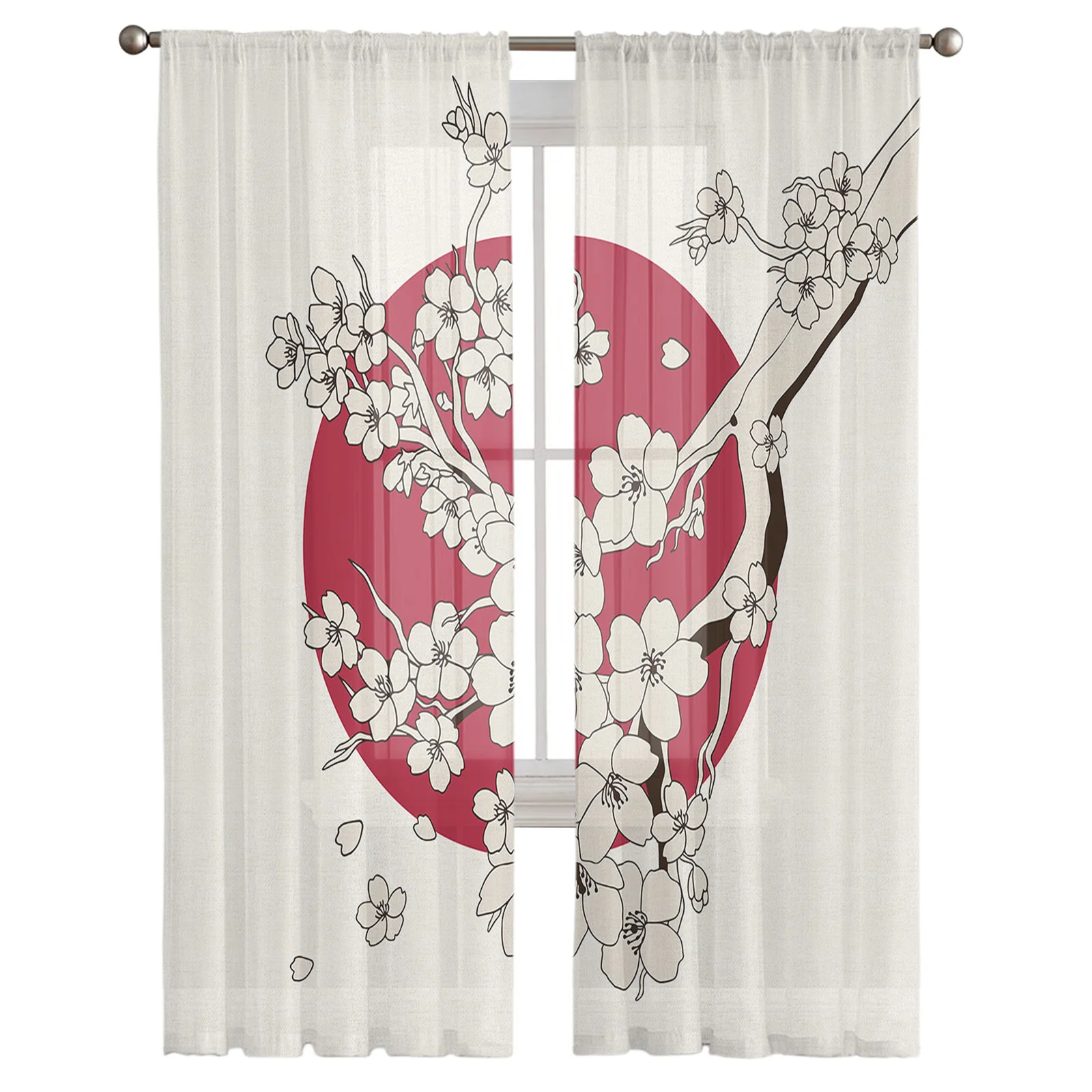 

Japanese Vintage Sun Cherry Blossom Cotton Hemp Bottom Living Room Kitchen Chiffon Curtain Youth Bedroom Sheer Floor Curtain