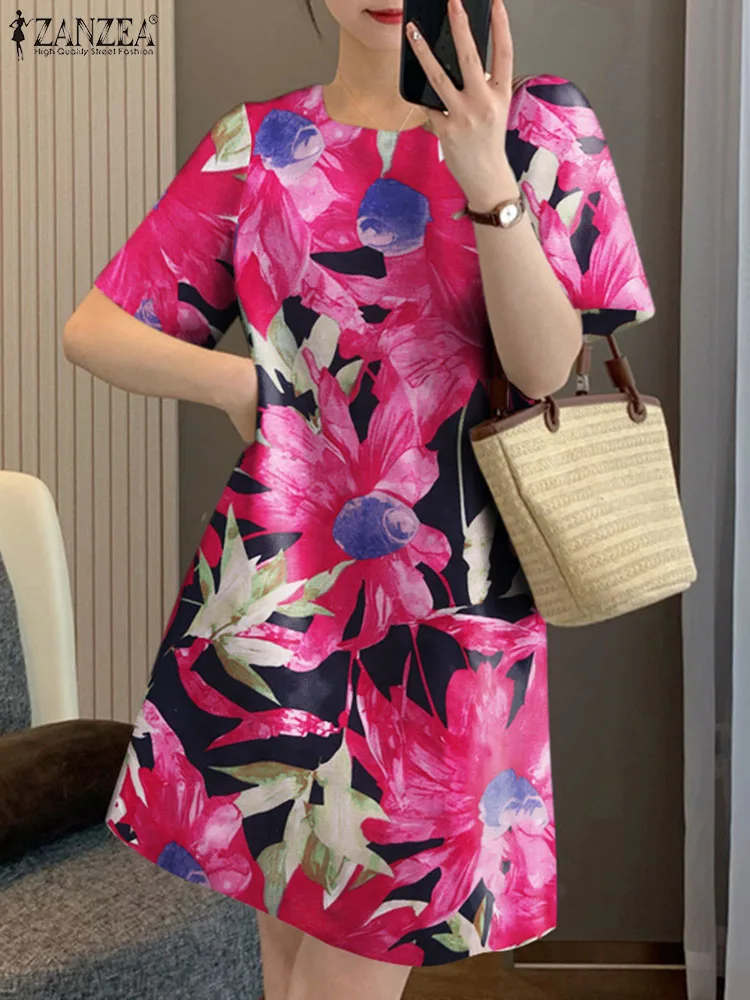 ZANZEA 2024 Summer Cotton Sundress Women Floral Printing Party Dress Vintage Short Sleeve Short Robe Holiday Round Neck Vestidos