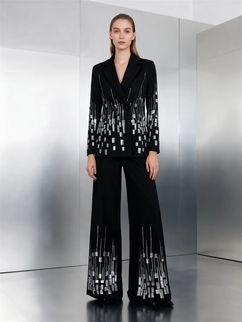 

Sequins Women Suit Set 2 Pcs Blazer+Pants Trousers Cotton Party Jacket Formal Wedding Birthday Office Lady Guest Prom Coat