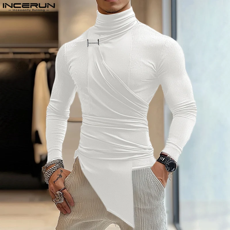 Stylish Casual Style Tops INCERUN Men Sexy Deconstruction Metal Buckle T-shirts Streetwear Solid High Neck Long Sleeved Camiseta